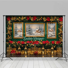 Lofaris Elegant Christmas Photography Backdrop Green Wall with Poinsettia Garland Snowy Landscape Art Background