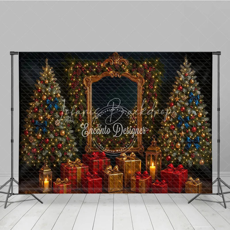 Lofaris Elegant Christmas Photography Backdrop Ornate Gold Mirror with Red and Blue Holiday Mini Session Background