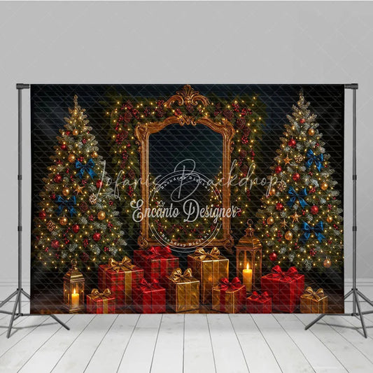 Lofaris Elegant Christmas Photography Backdrop Ornate Gold Mirror with Red and Blue Holiday Mini Session Background