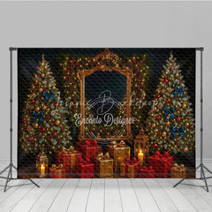 Lofaris Elegant Christmas Photography Backdrop Ornate Gold Mirror with Red and Blue Holiday Mini Session Background
