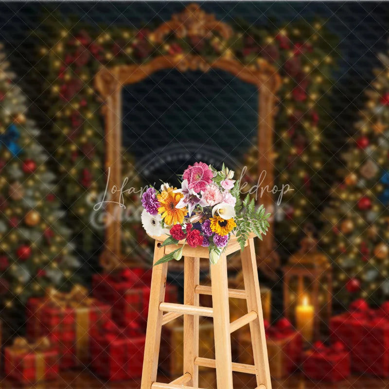 Lofaris Elegant Christmas Photography Backdrop Ornate Gold Mirror with Red and Blue Holiday Mini Session Background