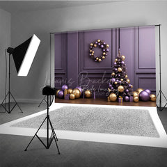 Lofaris Elegant Christmas Photography Backdrop Purple and Gold Ornaments with Xmas Tree Modern Holiday Studio Photo Prop
