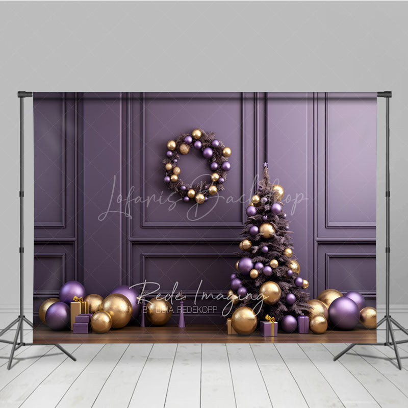 Lofaris Elegant Christmas Photography Backdrop Purple and Gold Ornaments with Xmas Tree Modern Holiday Studio Photo Prop