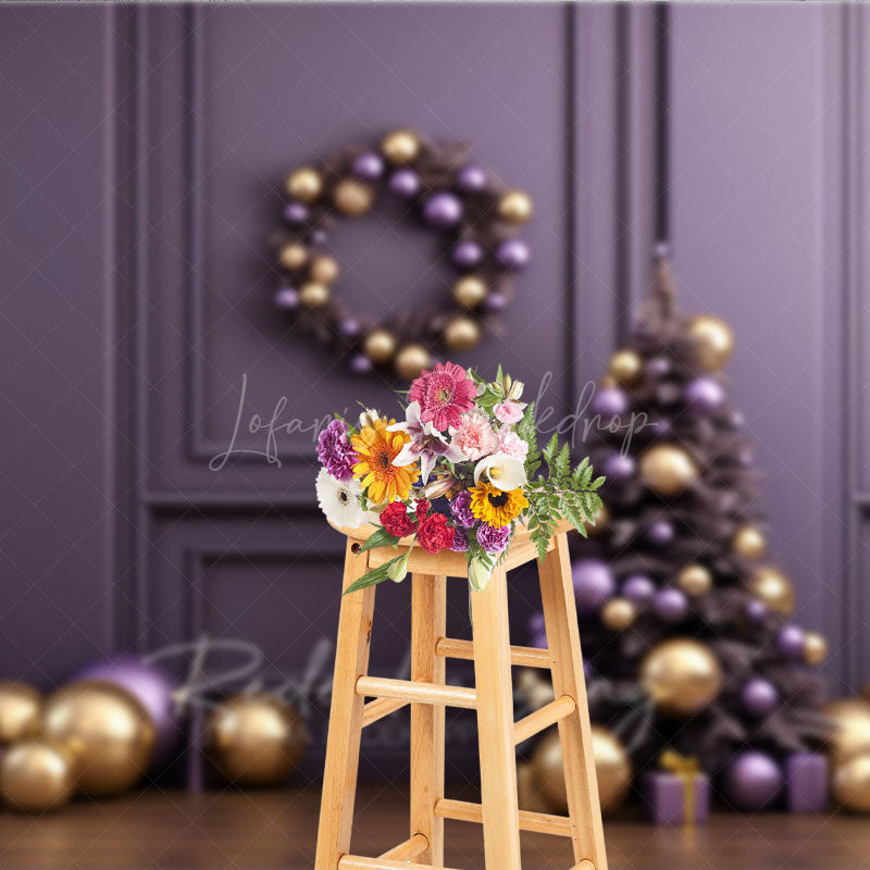 Lofaris Elegant Christmas Photography Backdrop Purple and Gold Ornaments with Xmas Tree Modern Holiday Studio Photo Prop