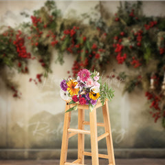 Lofaris Elegant Christmas Photography Backdrop Wall Mural with Red Berry Garland Gold Chandelier Holiday Photo Prop