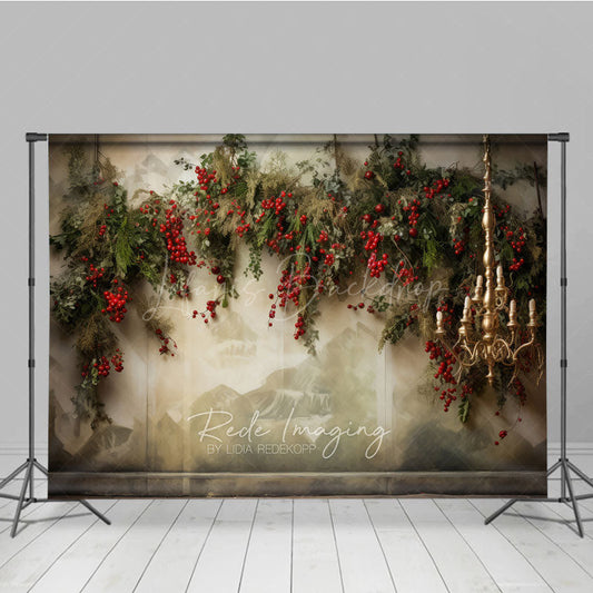 Lofaris Elegant Christmas Photography Backdrop Wall Mural with Red Berry Garland Gold Chandelier Holiday Photo Prop