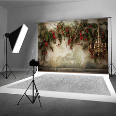 Lofaris Elegant Christmas Photography Backdrop Wall Mural with Red Berry Garland Gold Chandelier Holiday Photo Prop