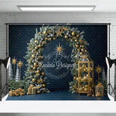 Lofaris Elegant Christmas Pine Arch Photography Backdrop Flocked Garland with Gold Ornaments Modern Navy Blue Holiday Background