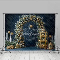 Lofaris Elegant Christmas Pine Arch Photography Backdrop Flocked Garland with Gold Ornaments Modern Navy Blue Holiday Background