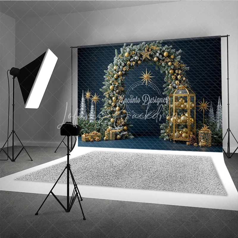 Lofaris Elegant Christmas Pine Arch Photography Backdrop Flocked Garland with Gold Ornaments Modern Navy Blue Holiday Background