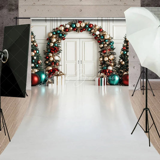 Lofaris Elegant Christmas Sweep Backdrop with Festive Red Gold and Teal Ornaments Luxurious Holiday Party Decor