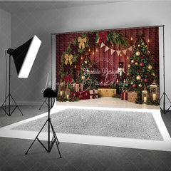 Lofaris Elegant Christmas Trees and Nutcracker Holiday Backdrop featuring Red Bows Gifts Lanterns for Festive Party Decor