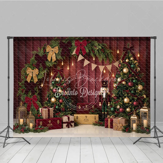 Lofaris Elegant Christmas Trees and Nutcracker Holiday Backdrop featuring Red Bows Gifts Lanterns for Festive Party Decor