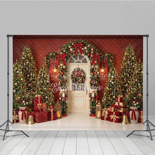 Lofaris Elegant Christmas Trees and Red Bows Holiday Backdrop Festive Golden Ornaments Nutcracker Decor