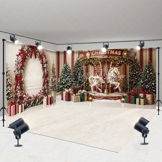 Lofaris Elegant Christmas Vintage Carousel and Wreath Room Set Backdrop Festive Holiday Party Photography Decor