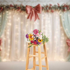 Lofaris Elegant Christmas Wedding Photography Backdrop Cream Curtains with Red Bows Holiday Stage Fairy Lights
