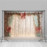 Lofaris Elegant Christmas Wedding Photography Backdrop Cream Curtains with Red Bows Holiday Stage Fairy Lights