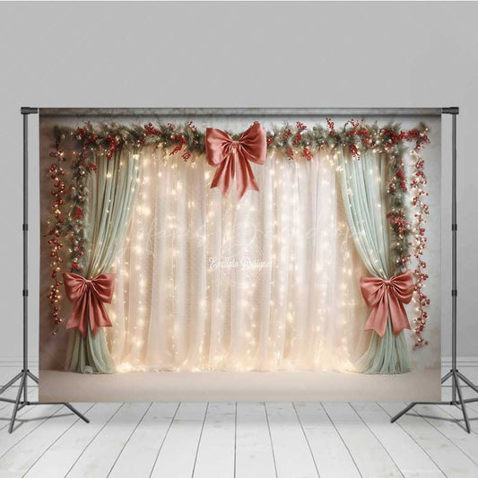 Lofaris Elegant Christmas Wedding Photography Backdrop Cream Curtains with Red Bows Holiday Stage Fairy Lights