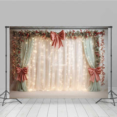 Lofaris Elegant Christmas Wedding Photography Backdrop Cream Curtains with Red Bows Holiday Stage Fairy Lights