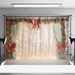 Lofaris Elegant Christmas Wedding Photography Backdrop Cream Curtains with Red Bows Holiday Stage Fairy Lights