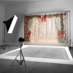 Lofaris Elegant Christmas Wedding Photography Backdrop Cream Curtains with Red Bows Holiday Stage Fairy Lights