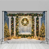 Lofaris Elegant Christmas Window Photography Backdrop Grand Columns with Garland Snowy Holiday Mini Session Background