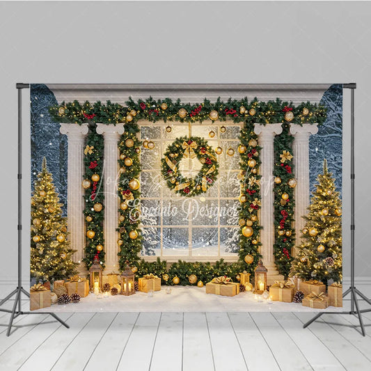 Lofaris Elegant Christmas Window Photography Backdrop Grand Columns with Garland Snowy Holiday Mini Session Background