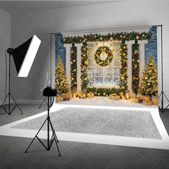 Lofaris Elegant Christmas Window Photography Backdrop Grand Columns with Garland Snowy Holiday Mini Session Background