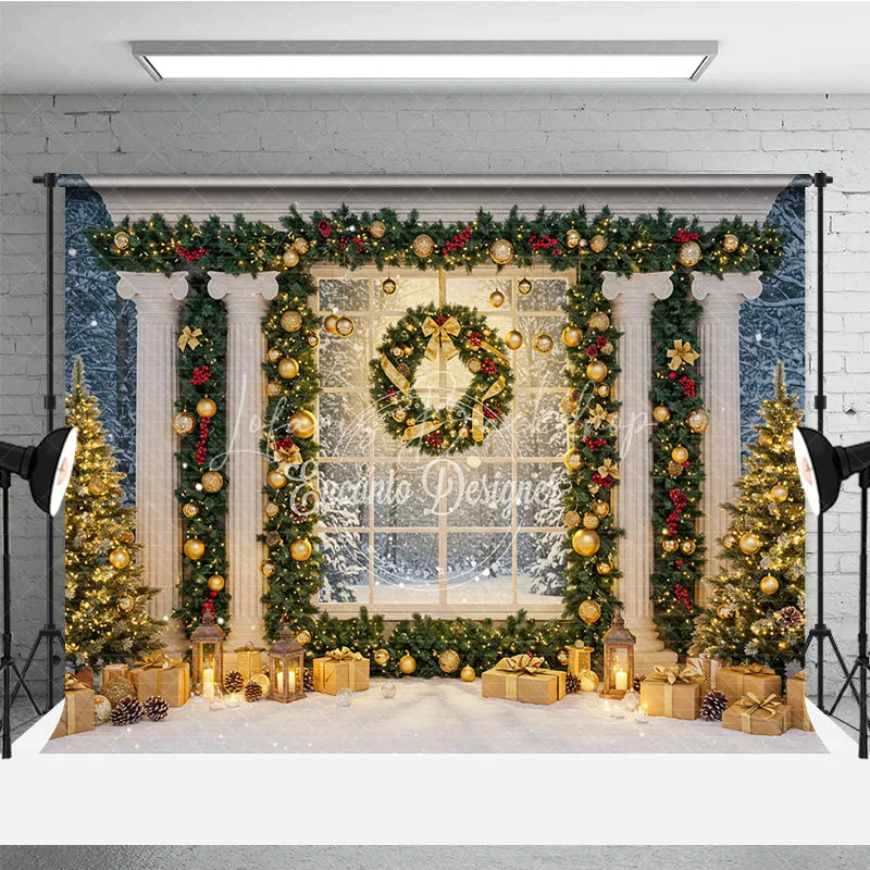 Lofaris Elegant Christmas Window Photography Backdrop Grand Columns with Garland Snowy Holiday Mini Session Background