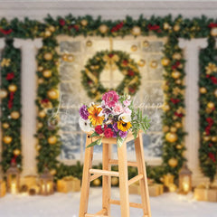 Lofaris Elegant Christmas Window Photography Backdrop Grand Columns with Garland Snowy Holiday Mini Session Background