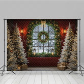 Lofaris Elegant Christmas Window Photography Backdrop Red Wall with Garland and Flocked Trees Holiday Photo Background