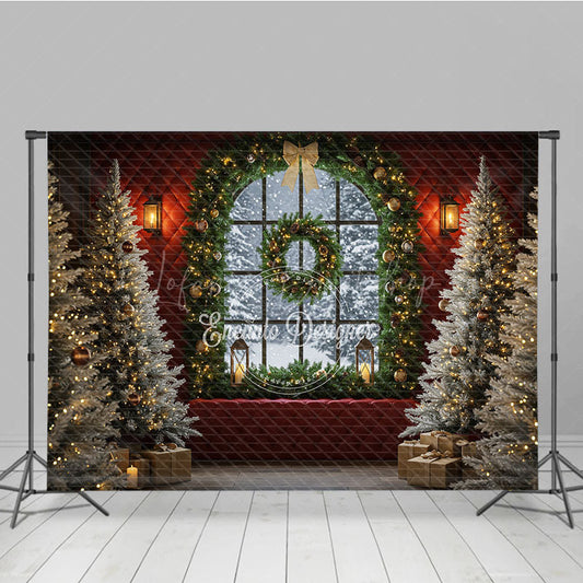 Lofaris Elegant Christmas Window Photography Backdrop Red Wall with Garland and Flocked Trees Holiday Photo Background
