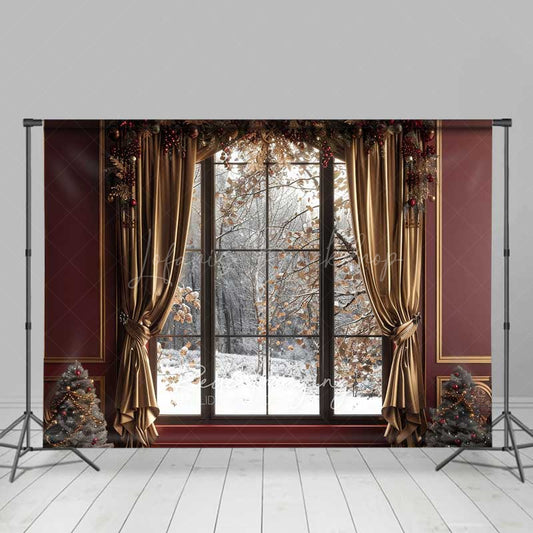 Lofaris Elegant Christmas Window Photography Backdrop Snowy Winter Forest View with Gold Curtains Holiday Portrait Studio Prop