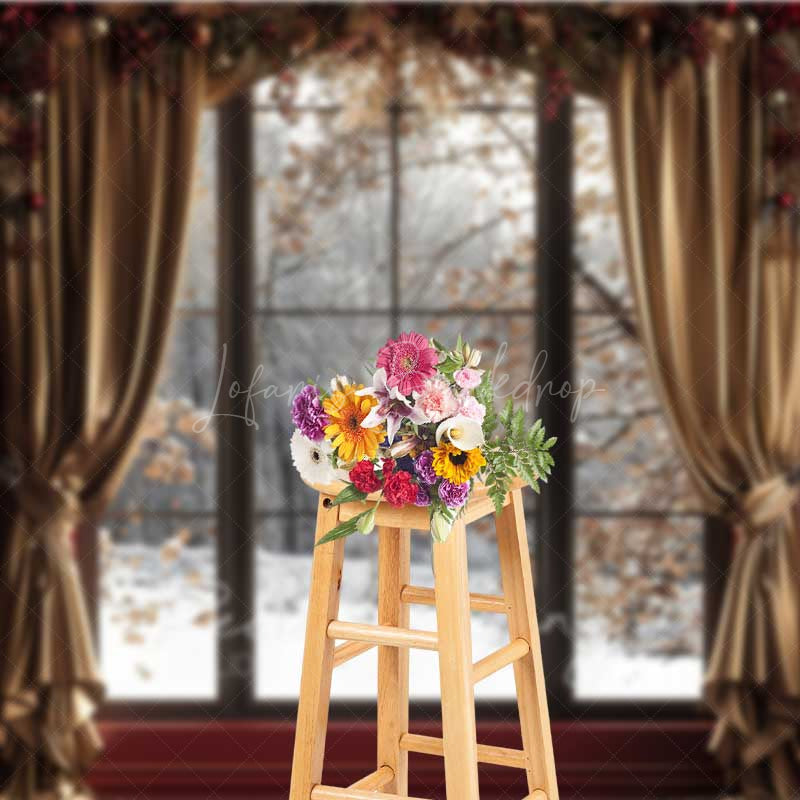 Lofaris Elegant Christmas Window Photography Backdrop Snowy Winter Forest View with Gold Curtains Holiday Portrait Studio Prop