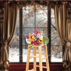Lofaris Elegant Christmas Window Photography Backdrop Snowy Winter Forest View with Gold Curtains Holiday Portrait Studio Prop