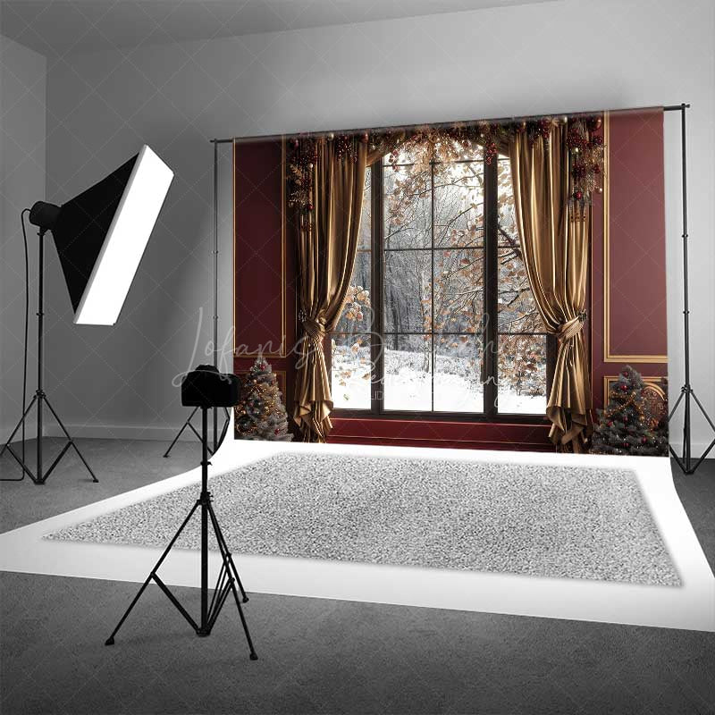 Lofaris Elegant Christmas Window Photography Backdrop Snowy Winter Forest View with Gold Curtains Holiday Portrait Studio Prop