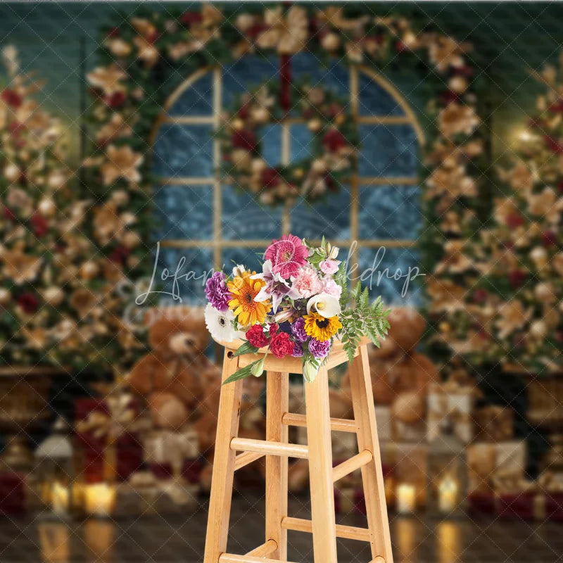 Lofaris Elegant Christmas Window Photography Backdrop Teddy Bears and Golden Trees Snowy View Holiday Photo Background