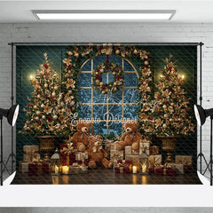 Lofaris Elegant Christmas Window Photography Backdrop Teddy Bears and Golden Trees Snowy View Holiday Photo Background