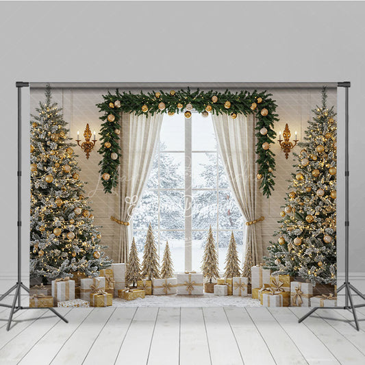 Lofaris Elegant Christmas Window Photography Backdrop White and Gold with Flocked Trees Holiday Mini Session Background