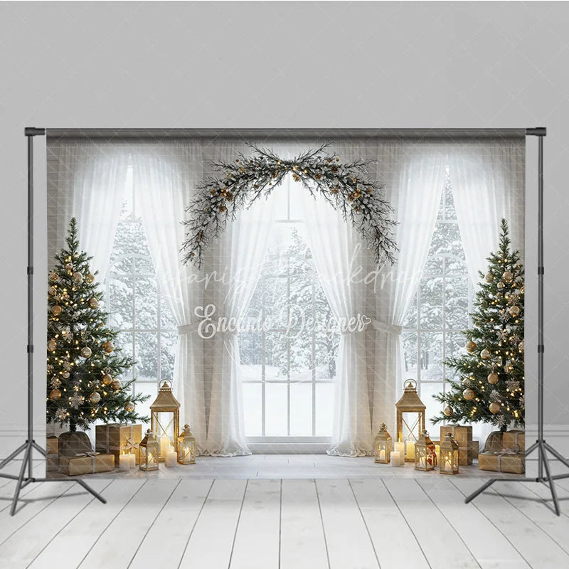 Lofaris Elegant Christmas Window Photography Backdrop White Curtains and Garland Arch Snowy View with Golden Lanterns