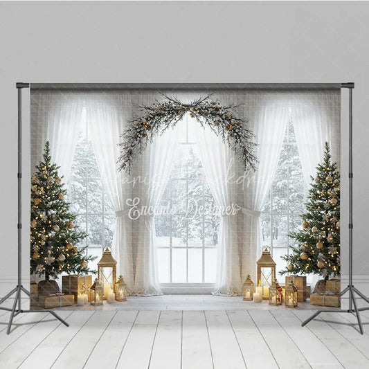 Lofaris Elegant Christmas Window Photography Backdrop White Curtains and Garland Arch Snowy View with Golden Lanterns