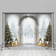 Lofaris Elegant Christmas Window Photography Backdrop White Curtains and Garland Arch Snowy View with Golden Lanterns