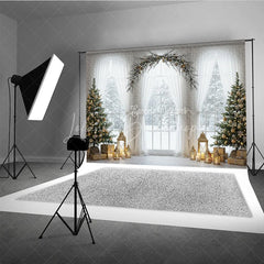 Lofaris Elegant Christmas Window Photography Backdrop White Curtains and Garland Arch Snowy View with Golden Lanterns