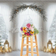 Lofaris Elegant Christmas Window Photography Backdrop White Curtains and Garland Arch Snowy View with Golden Lanterns