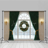 Lofaris Elegant Christmas Window Photography Backdrop with Green Curtains Floating Wreath Classic Holiday Photo Background