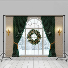 Lofaris Elegant Christmas Window Photography Backdrop with Green Curtains Floating Wreath Classic Holiday Photo Background