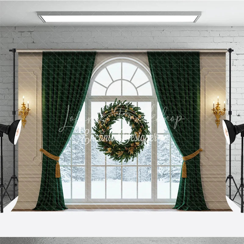 Lofaris Elegant Christmas Window Photography Backdrop with Green Curtains Floating Wreath Classic Holiday Photo Background