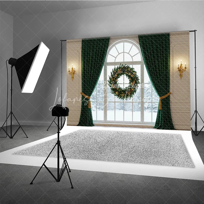 Lofaris Elegant Christmas Window Photography Backdrop with Green Curtains Floating Wreath Classic Holiday Photo Background