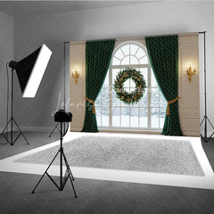 Lofaris Elegant Christmas Window Photography Backdrop with Green Curtains Floating Wreath Classic Holiday Photo Background