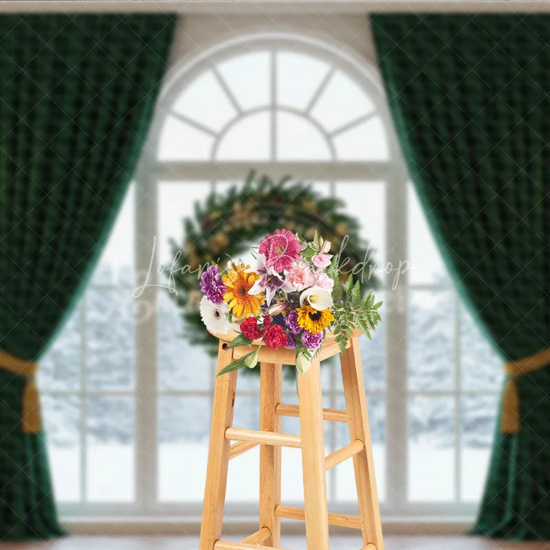 Lofaris Elegant Christmas Window Photography Backdrop with Green Curtains Floating Wreath Classic Holiday Photo Background